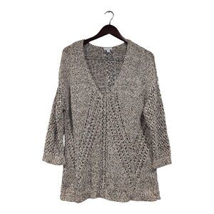 J. Jill Womens Sweater Open Knit Boho Tunic 3/4 Sleeve Chunky V-Neck Tan Sz Med